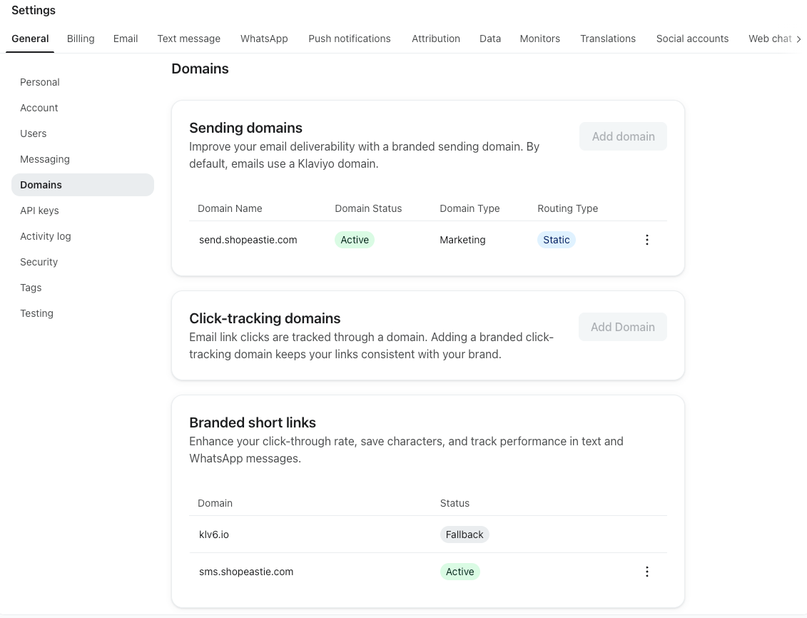 A settings page for Domains, showing configurations for sending domains, click-tracking domains, and branded short links, with `send.shopeastle.com` and `sms.shopeastle.com` listed as active.