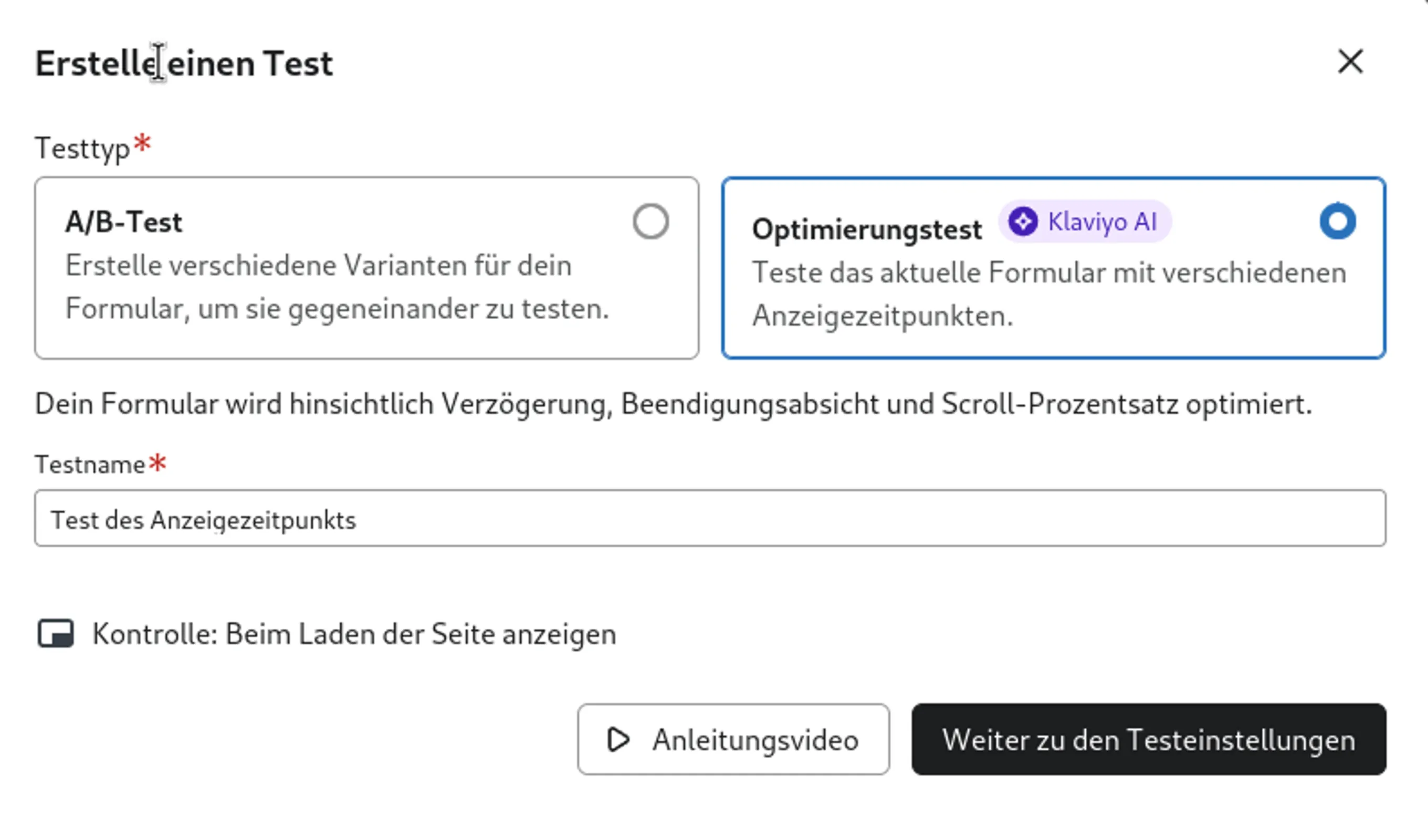 Beispiel für die Auswahl eines Optimierungstests im A/B-Testing-Modal.