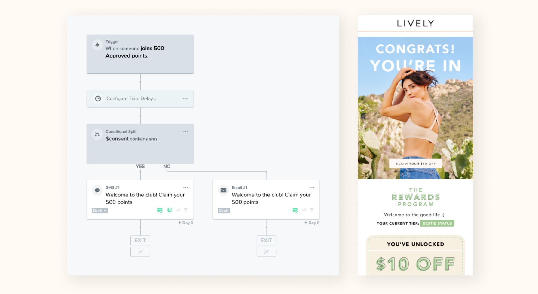 An automated welcome series flow used to welcome a customer to a loyalty program. An example loyalty program confirmation with coupon. 
