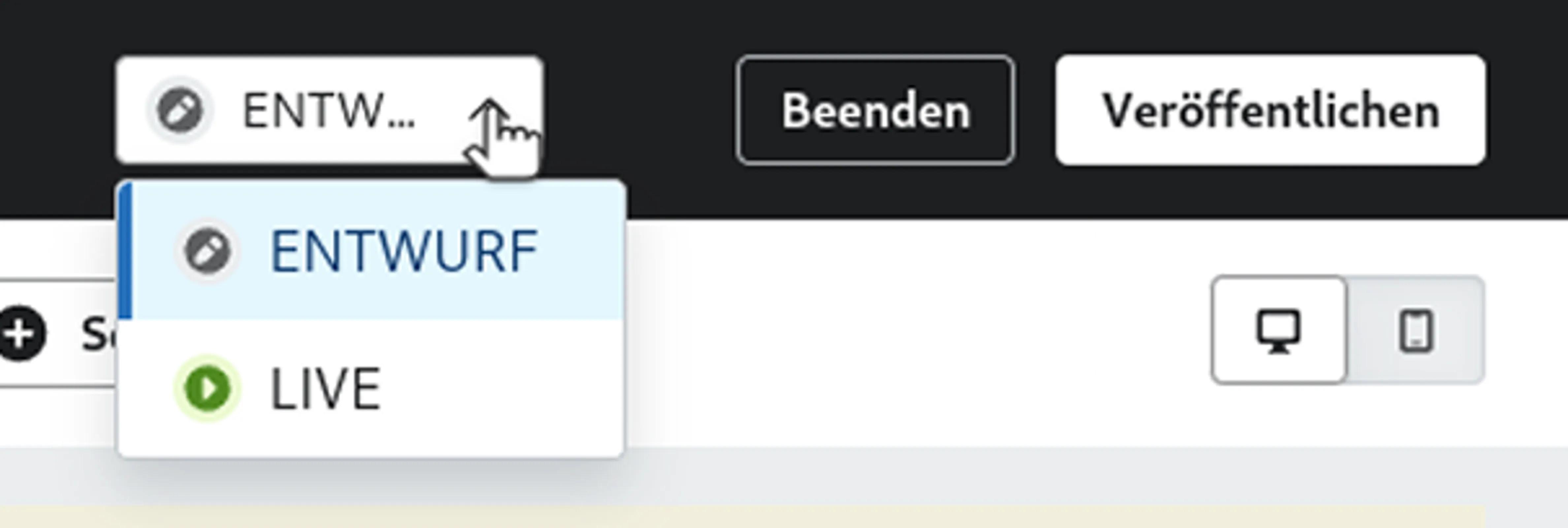 Screenshot der Veröffentlichungsoption und des Dropdown-Menüs zum Einstellen eines Formulars auf live oder Entwurf.