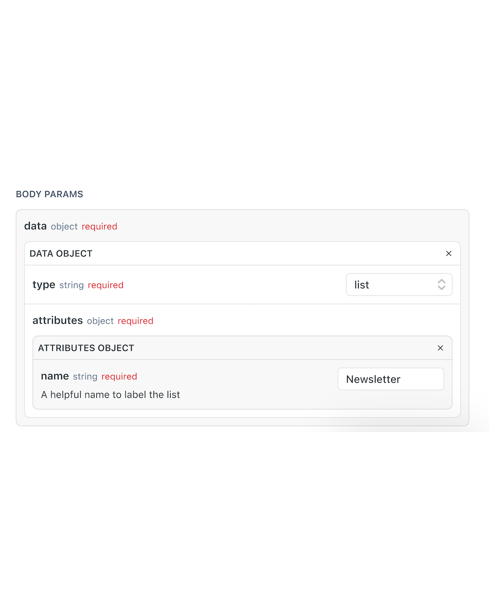 Create List body parameters