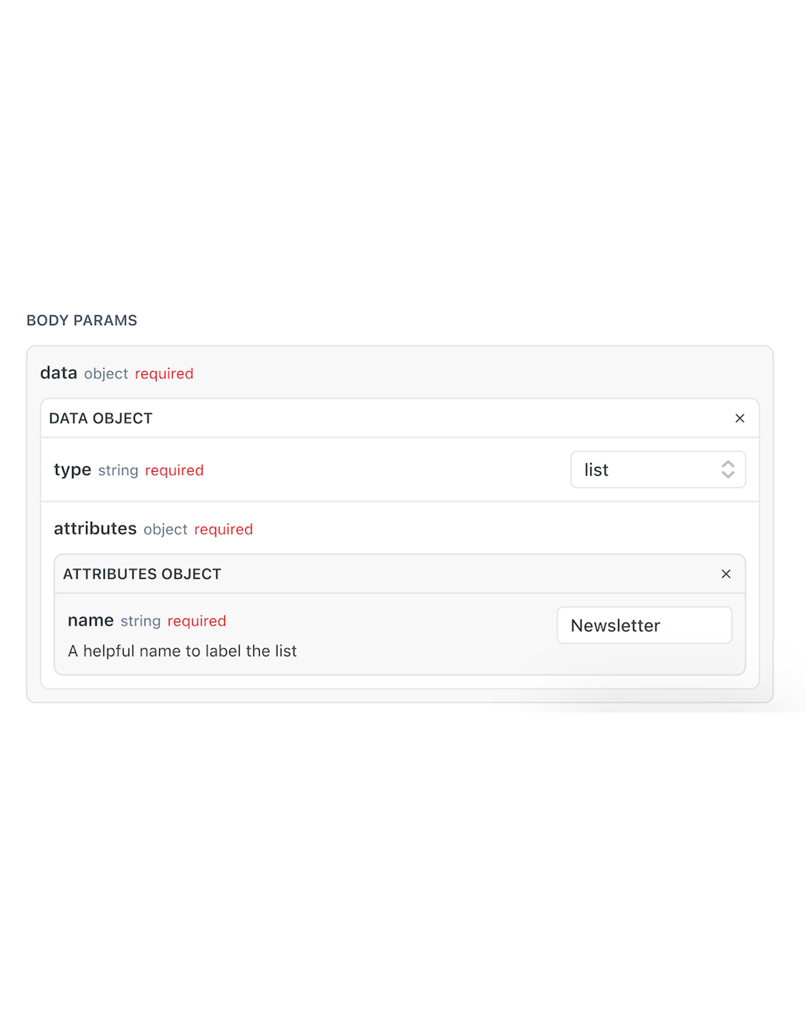 Create List body parameters