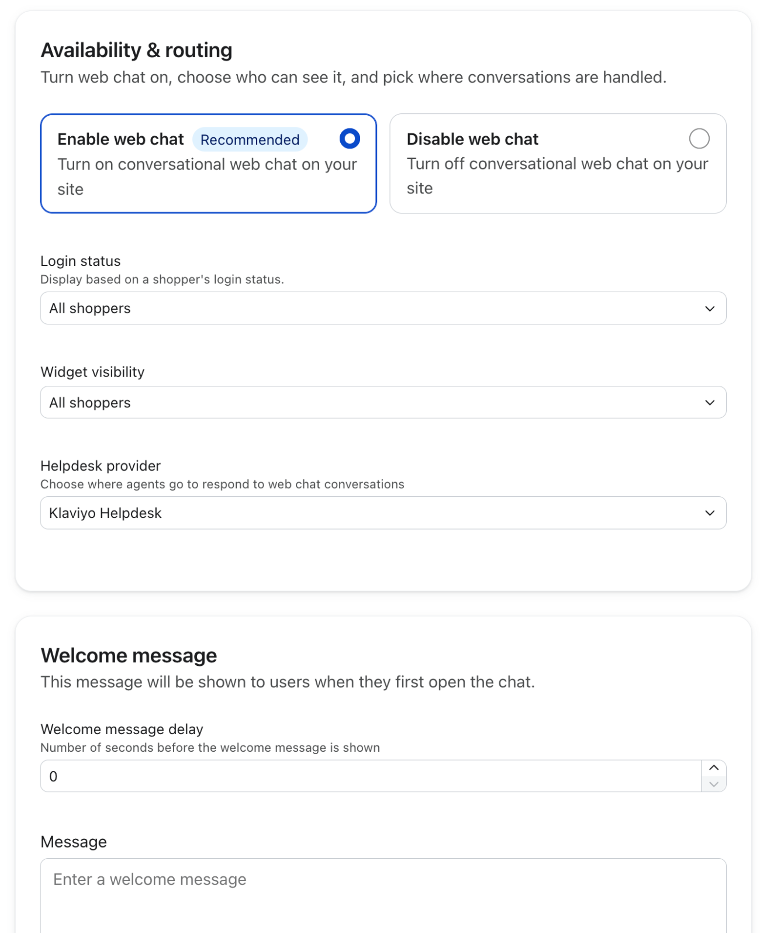 A web chat configuration screen with "Enable web chat" selected, Klaviyo Helpdesk chosen, and welcome message settings.