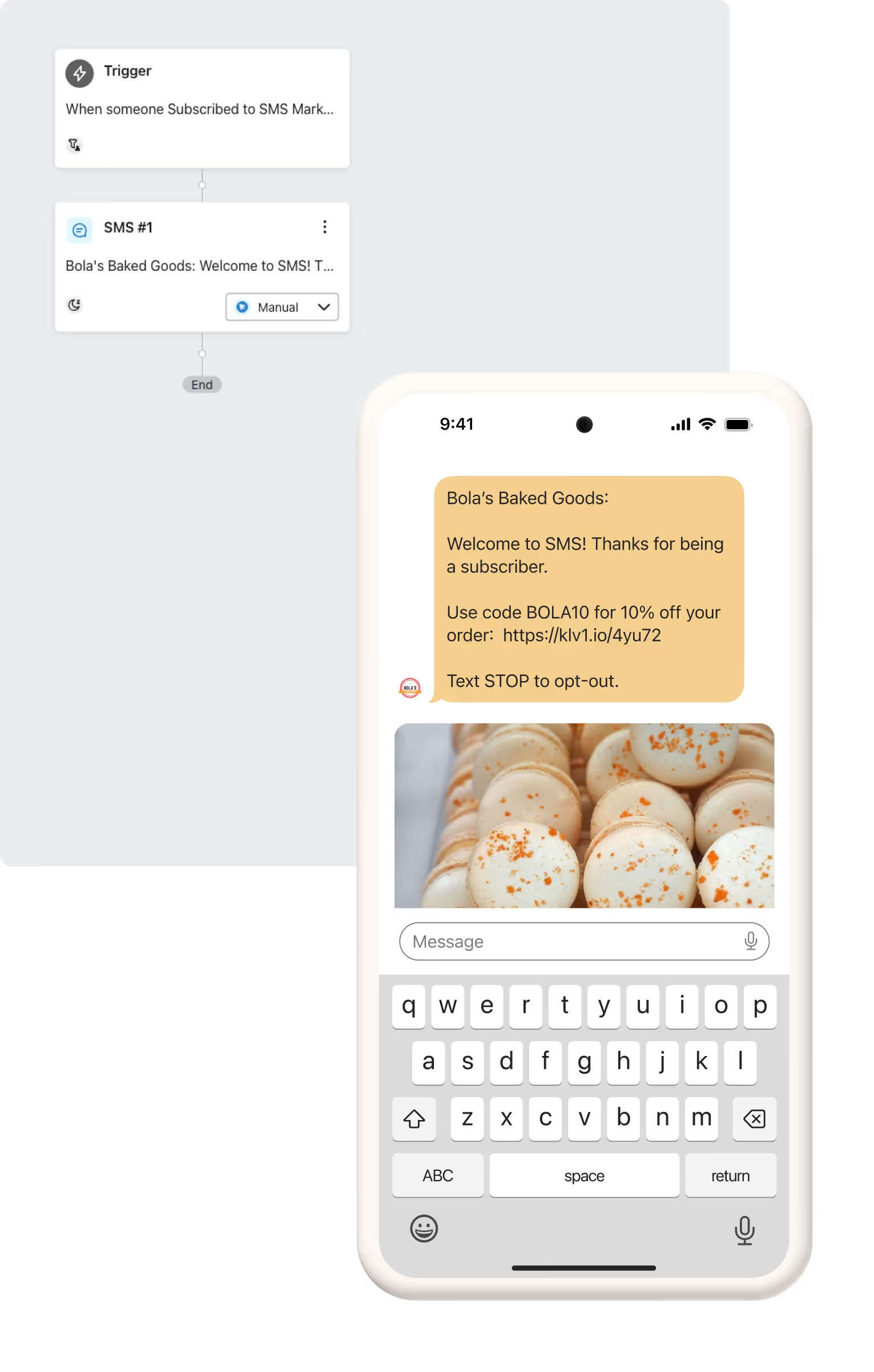 Two images of an SMS flow message, one being edited in Klaviyo and the other being received on a phone.
