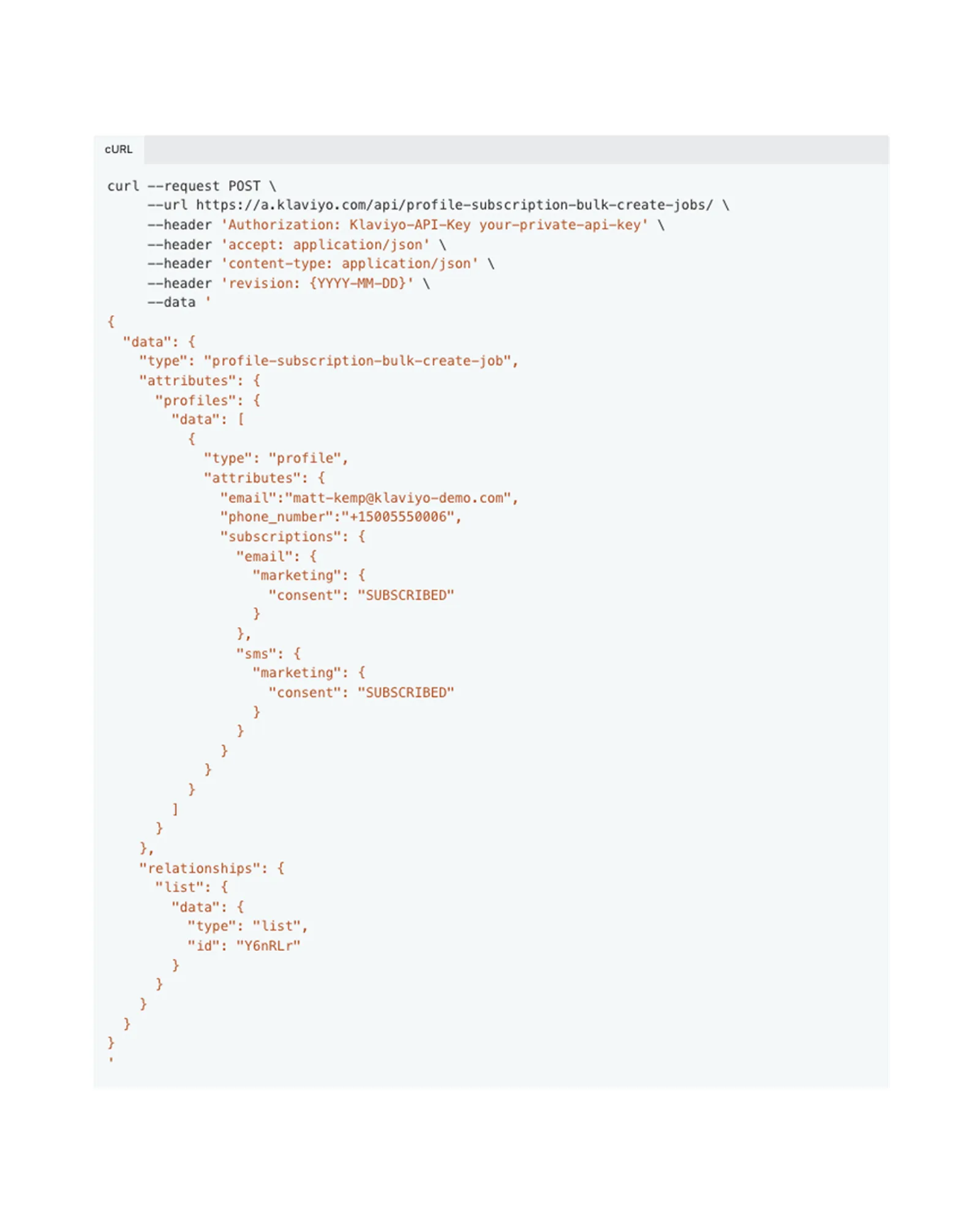 An example API payload to sync profiles into Klaviyo, update consent status, and add them to a list.