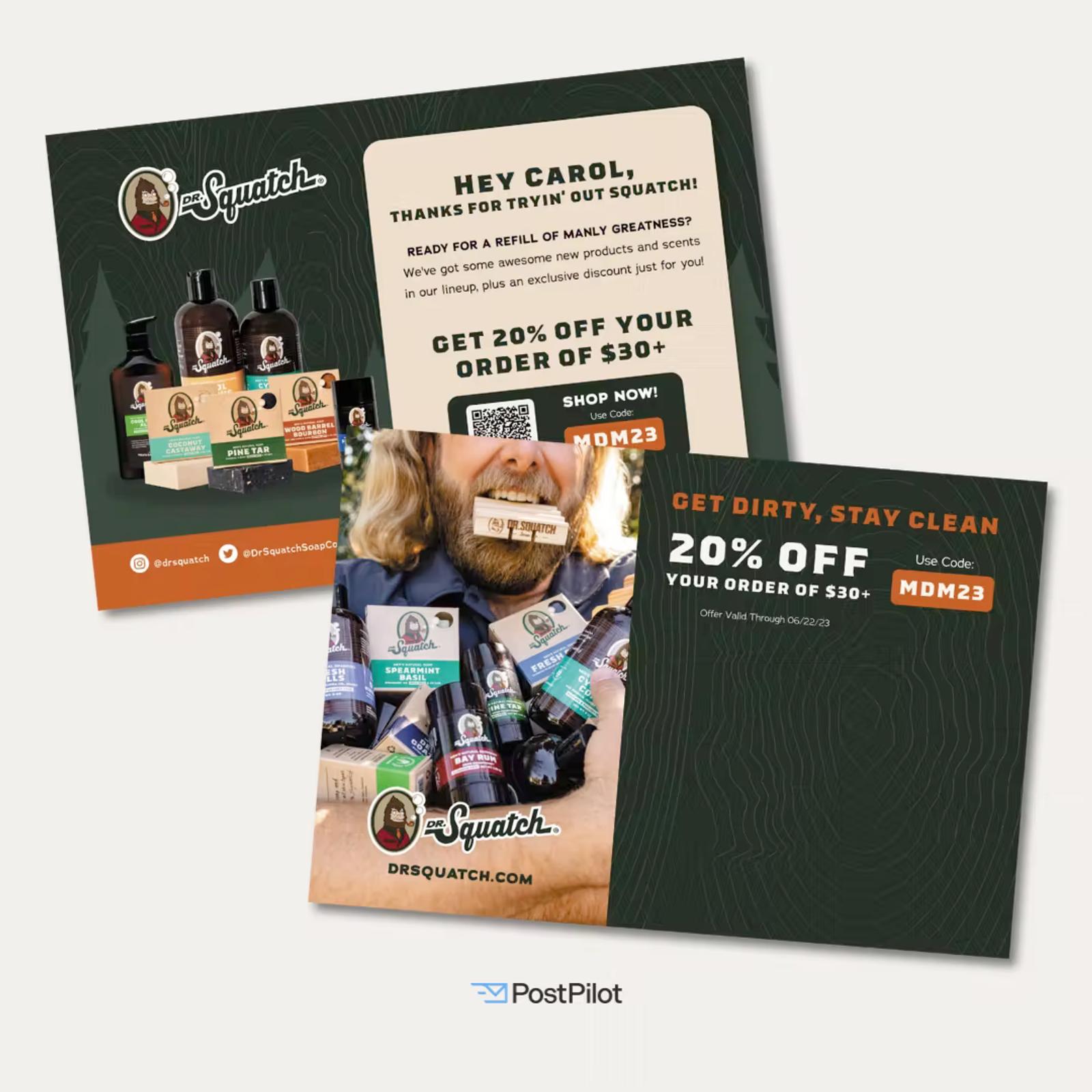Two Dr. Squatch promotional postcards offering 20% off orders of $30+, featuring products and a bearded man.