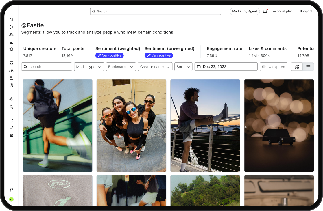 A digital dashboard showing social media analytics for '@Eastie', with performance metrics and a grid of related photos including people exercising.