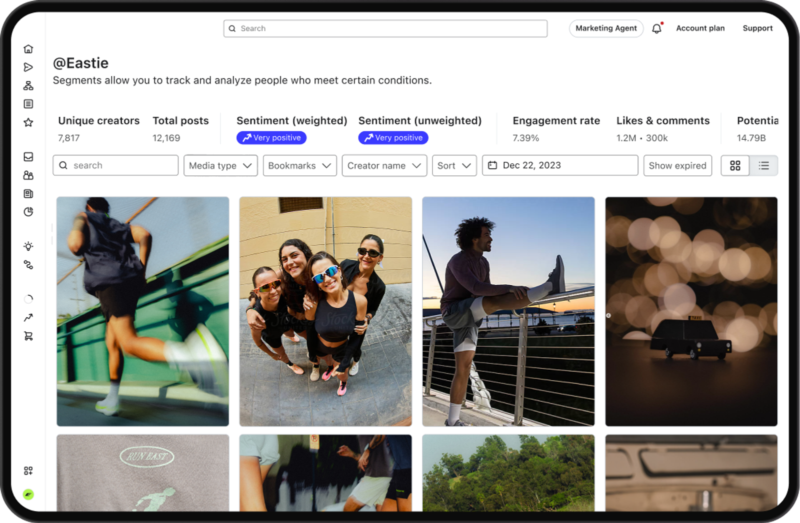 A digital dashboard showing social media analytics for '@Eastie', with performance metrics and a grid of related photos including people exercising.