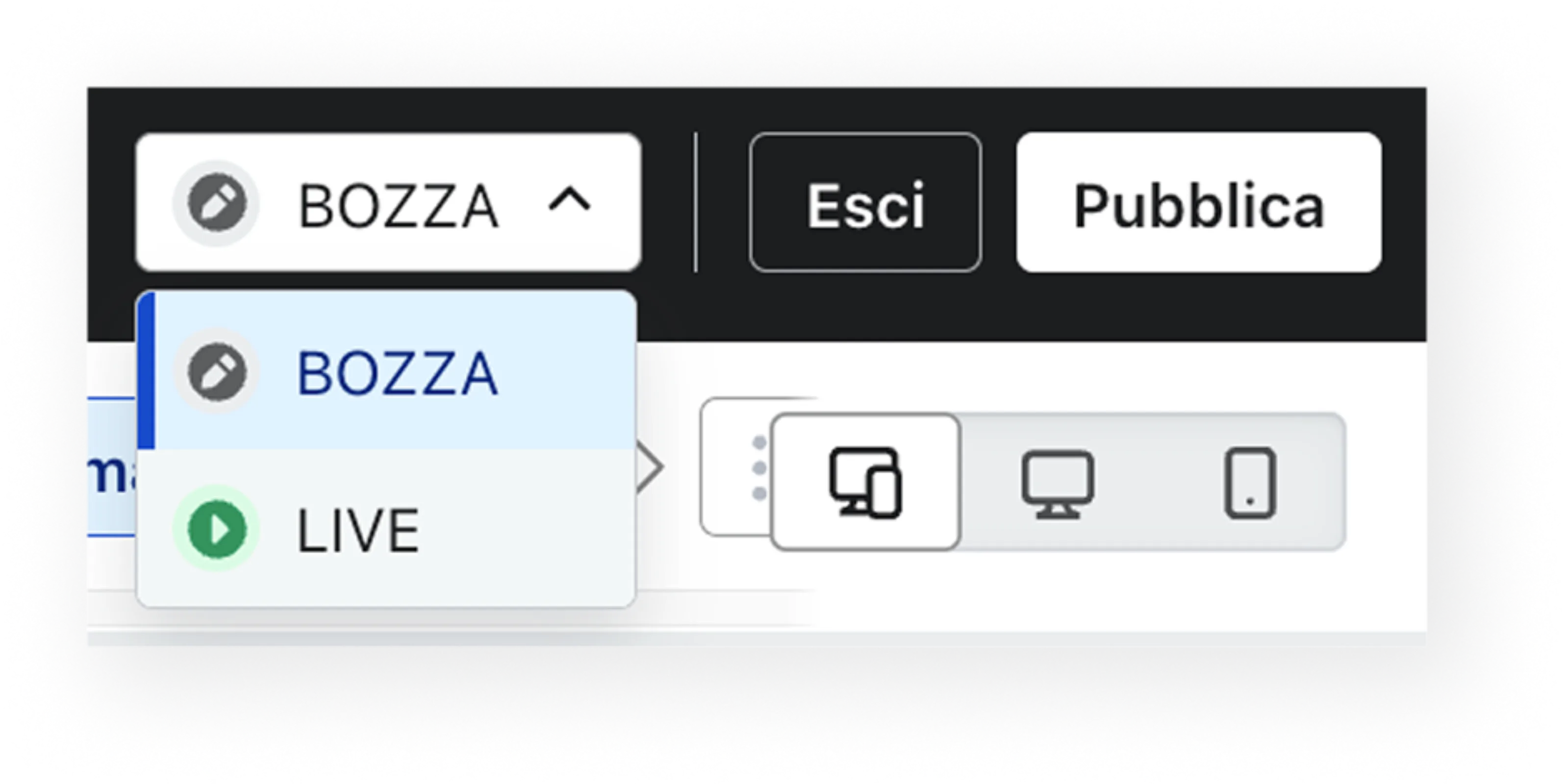 Screenshot of publishing option and the dropdown to set a form live or draft.