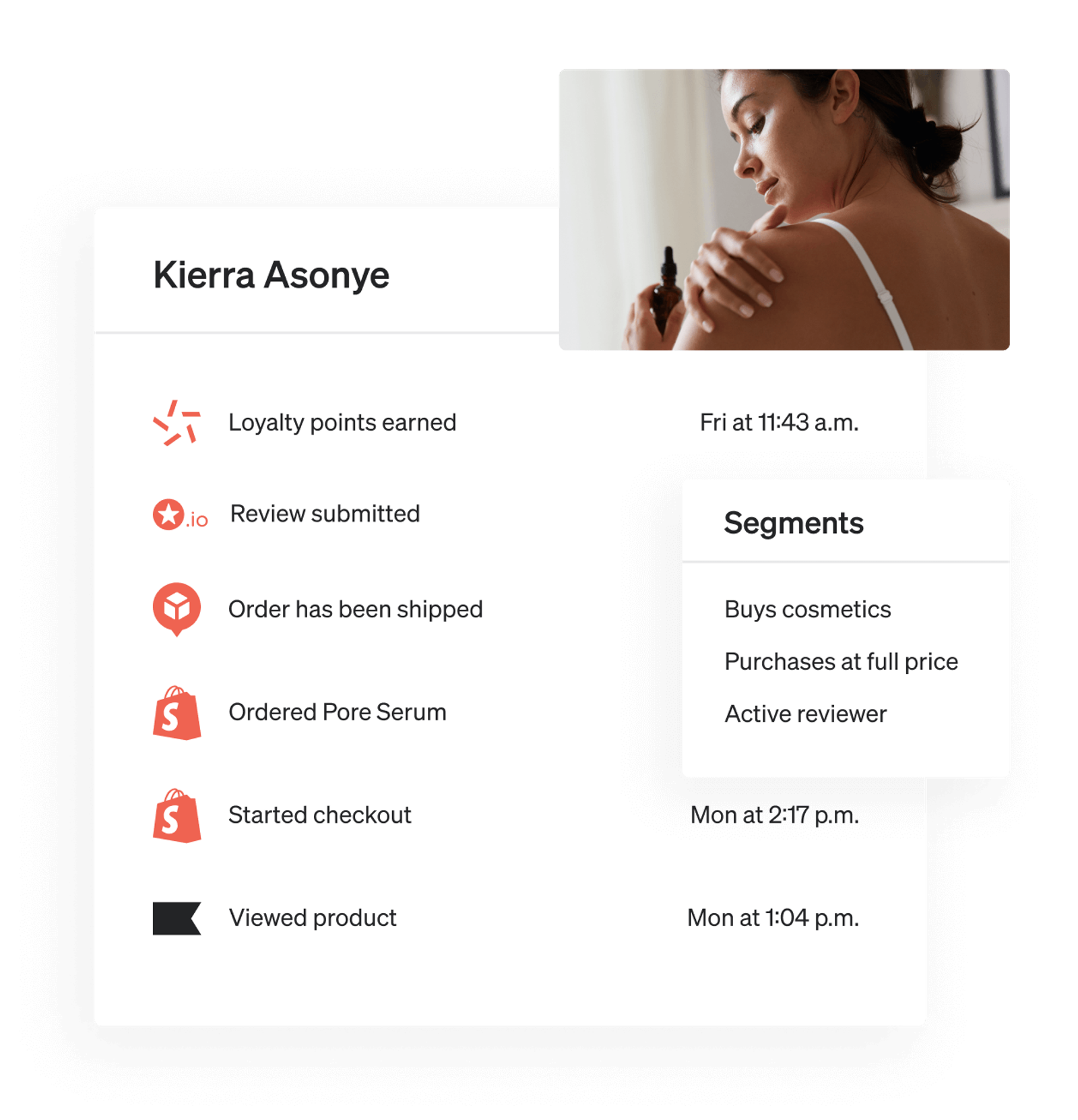 A customer profile for Kierra Asonye showing an activity timeline, customer segments, and a woman applying skincare.