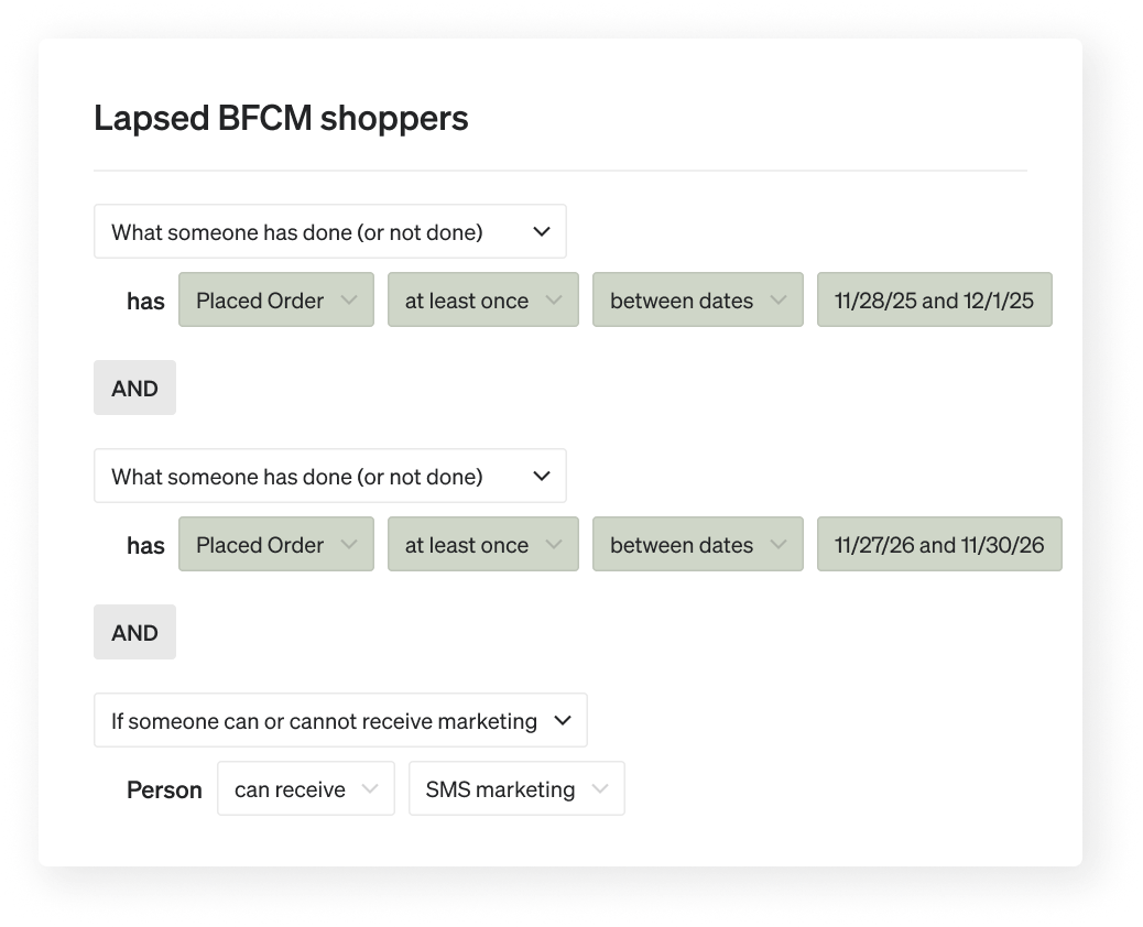 A user interface for segmenting 'Lapsed BFCM shoppers' based on orders placed during BFCM 2025 and 2026, and SMS marketing consent.