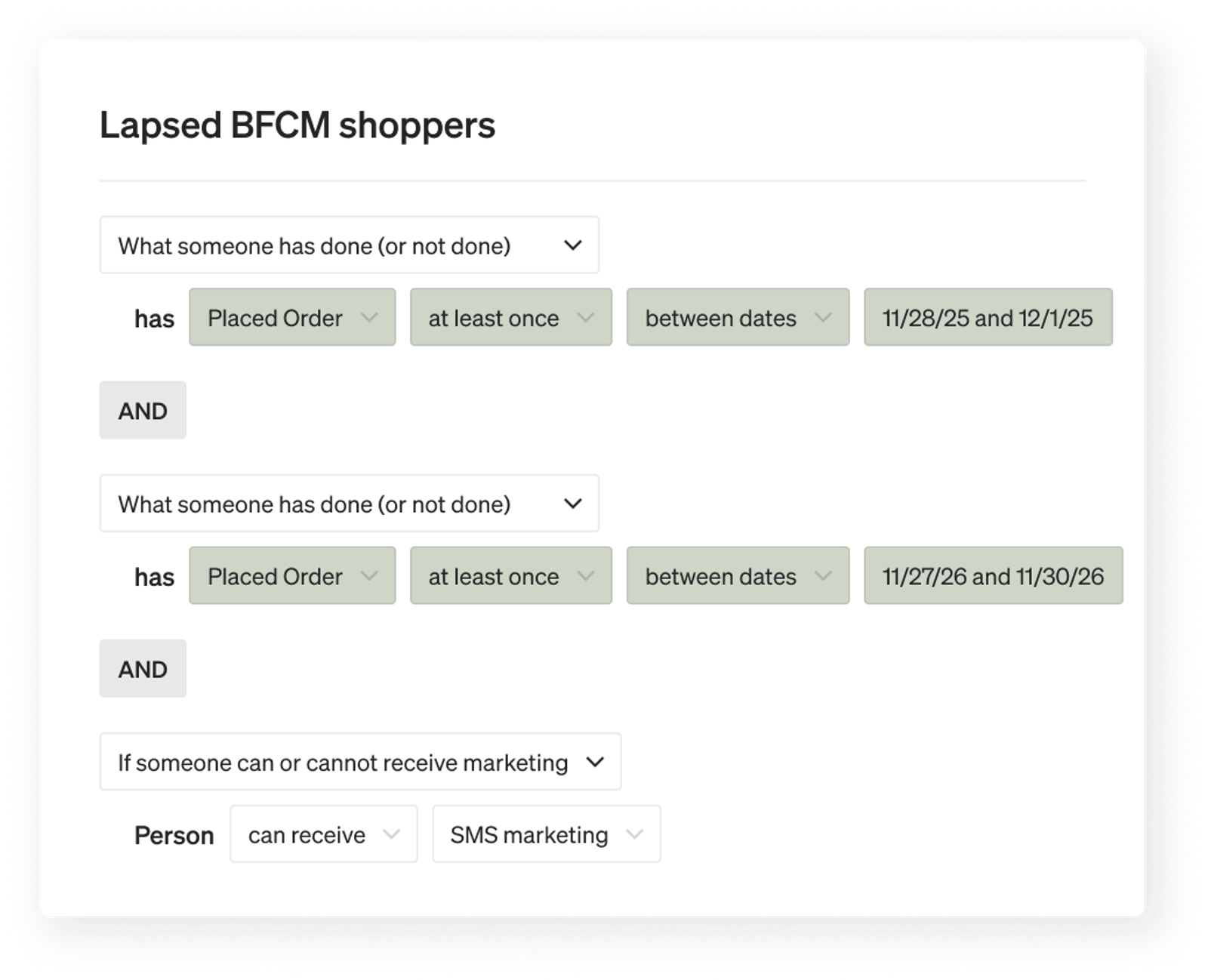 A user interface for segmenting 'Lapsed BFCM shoppers' based on orders placed during BFCM 2025 and 2026, and SMS marketing consent.