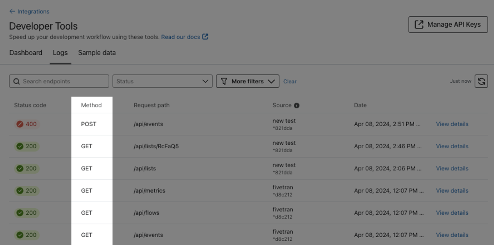 API logs dashboard
