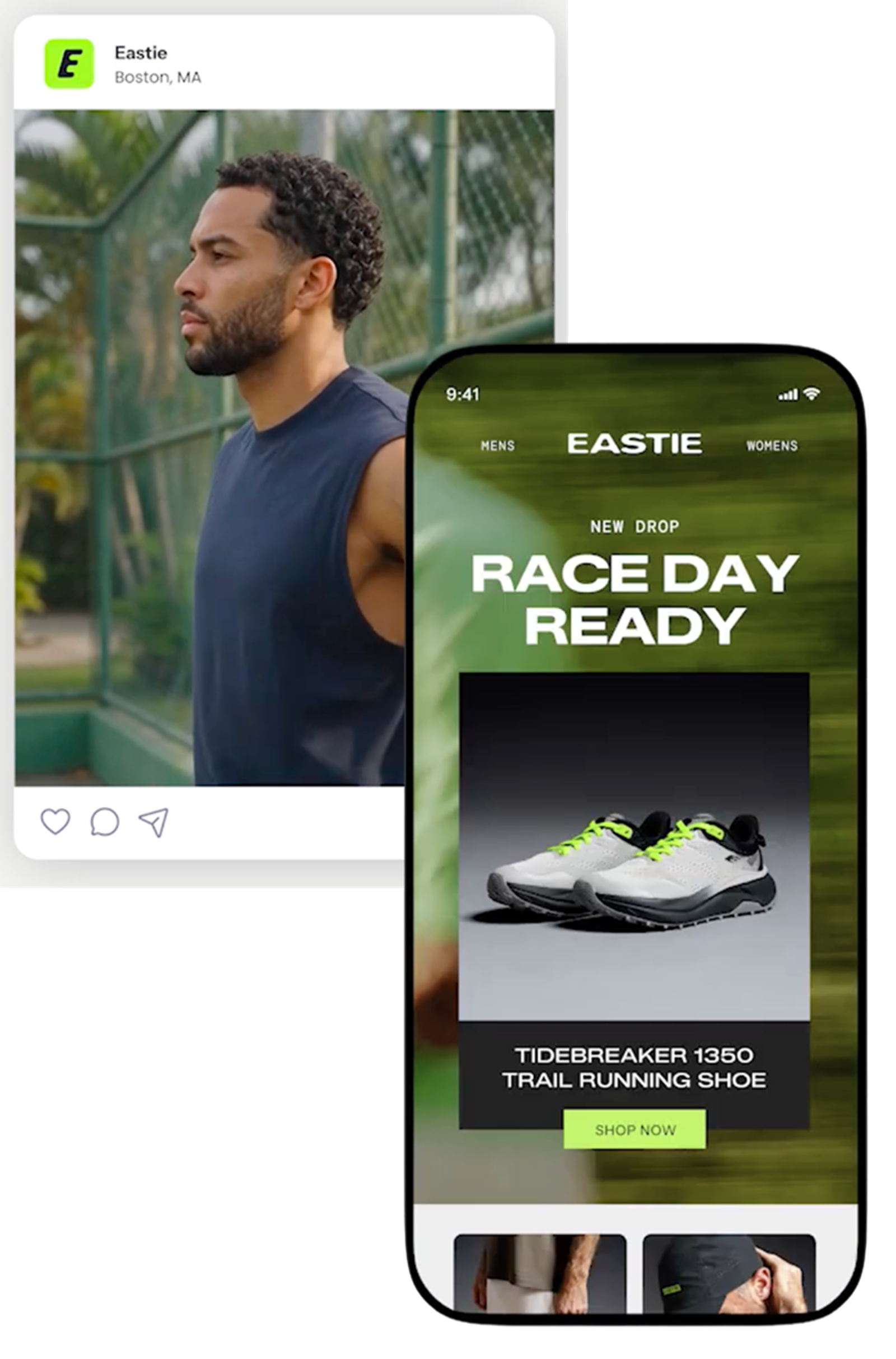 A social media post showing a man in an athletic tank top and an Eastie app displaying "Race Day Ready" text with white and neon green trail running shoes.