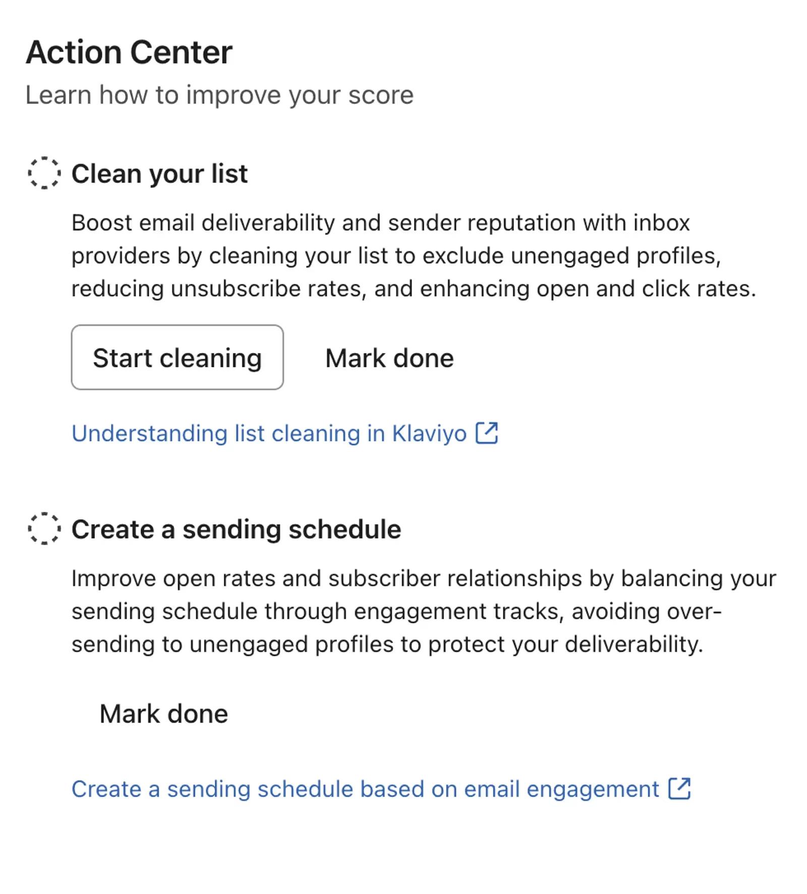 Screenshot of Action Center recommendations from the Deliverability hub.
