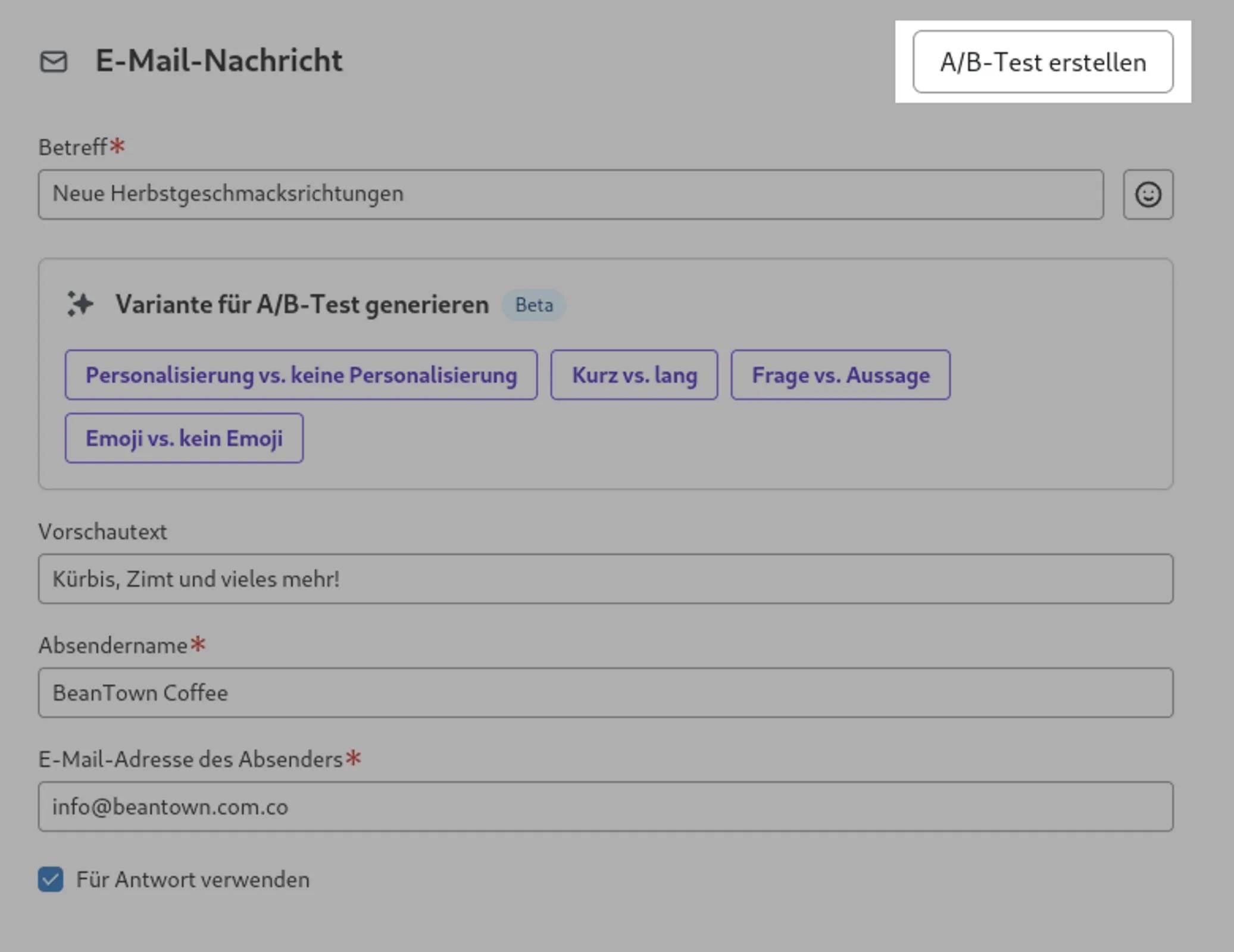 Screenshot des Kampagnen-Builders mit der Option, einen A/B-Test zu erstellen.