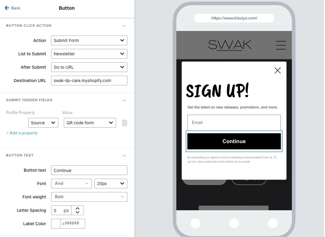 SWAK Cosmetics signup form that has the Source hidden field set to the name of the form.