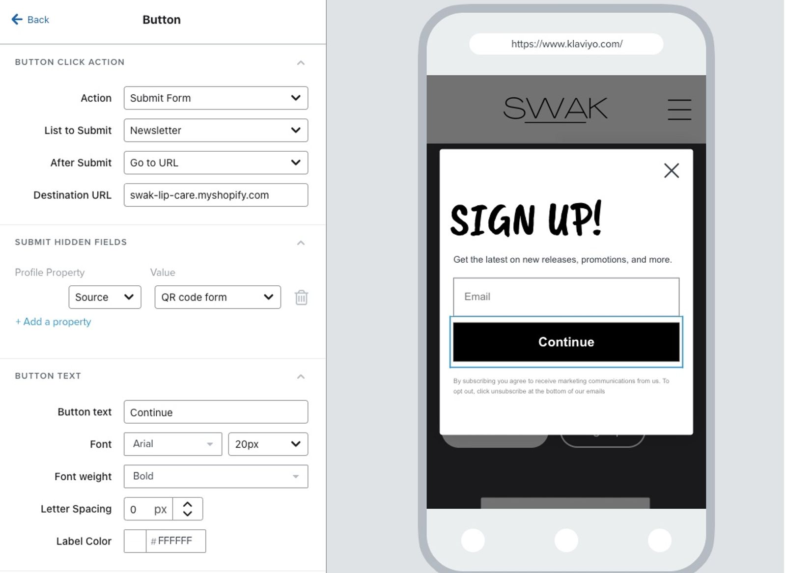 SWAK Cosmetics signup form that has the Source hidden field set to the name of the form.
