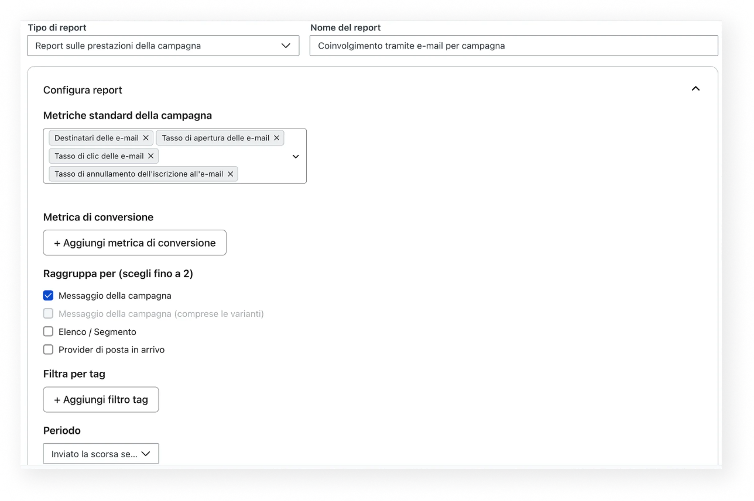 Custom report creation wizard showing configuration options for a Campaign performance Report.