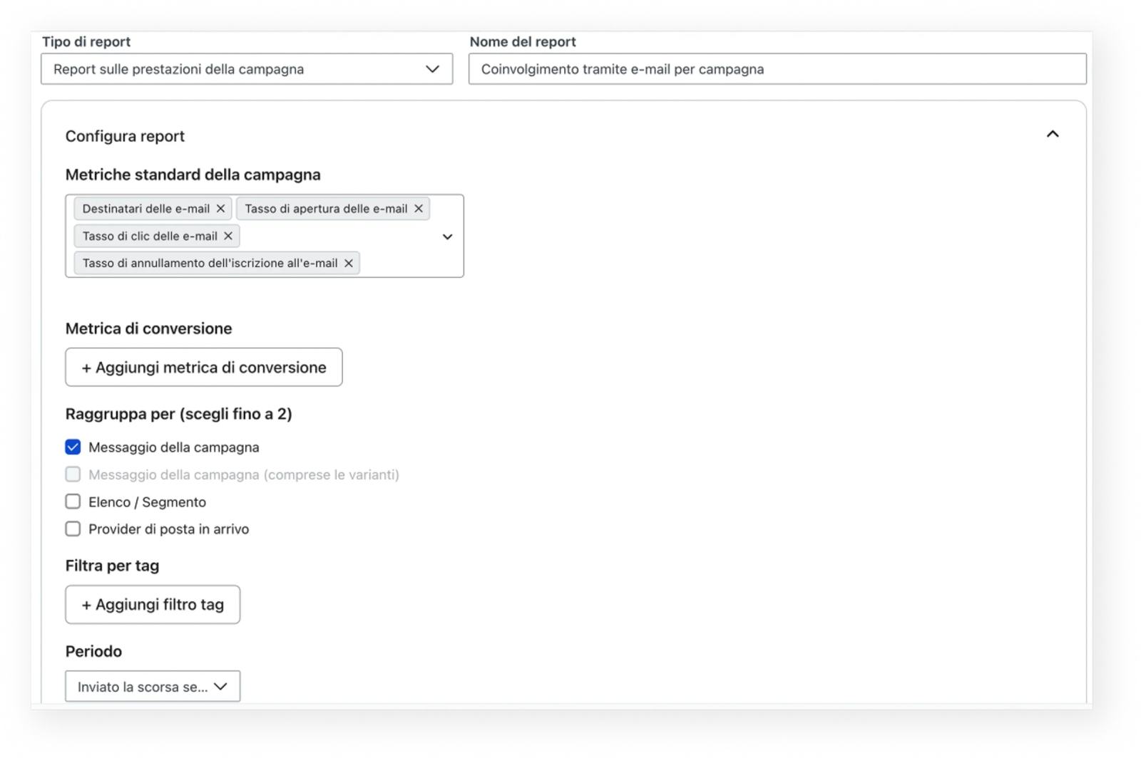 Custom report creation wizard showing configuration options for a Campaign performance Report.