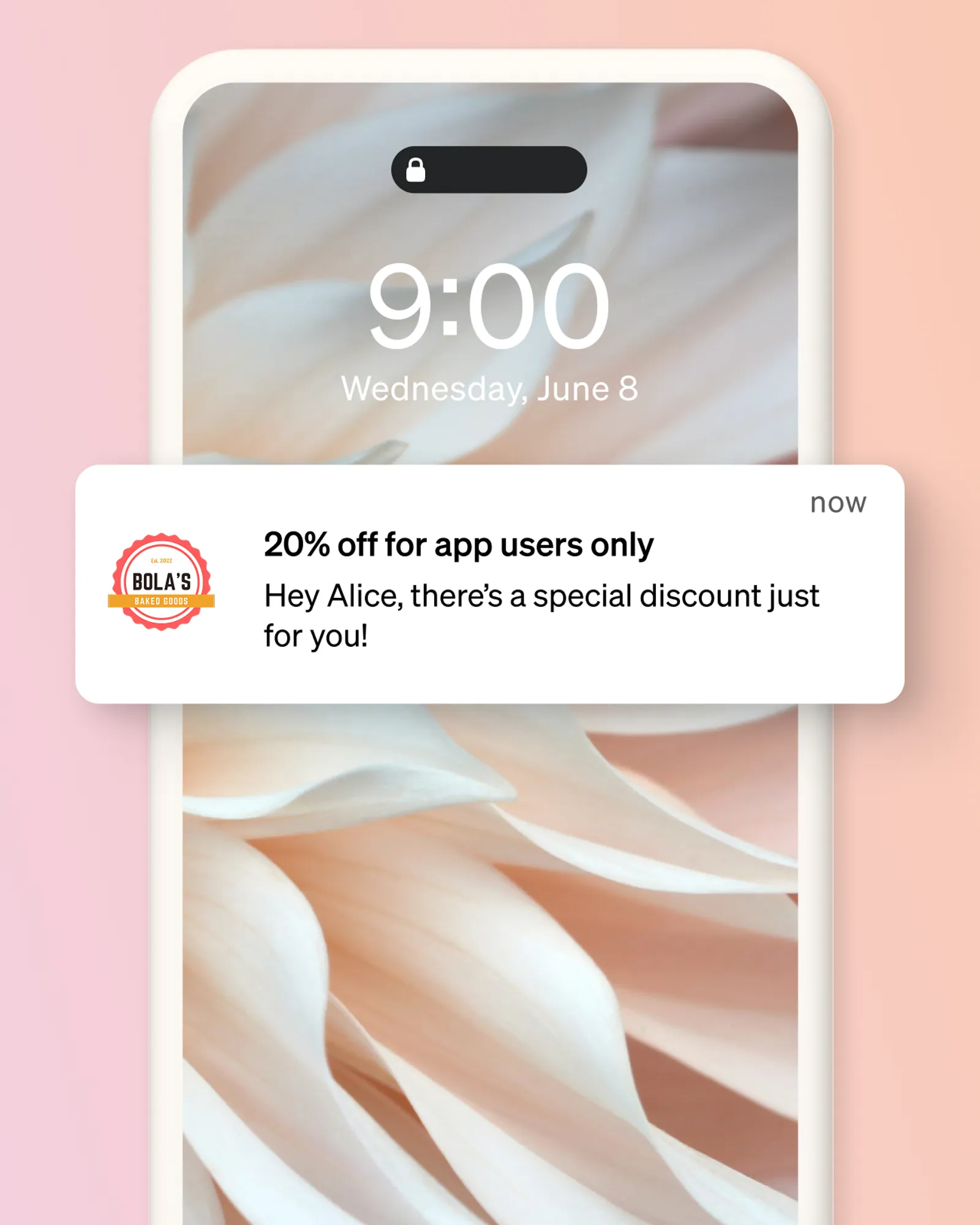 An app notification from Bola's advertising 20% off for app users.