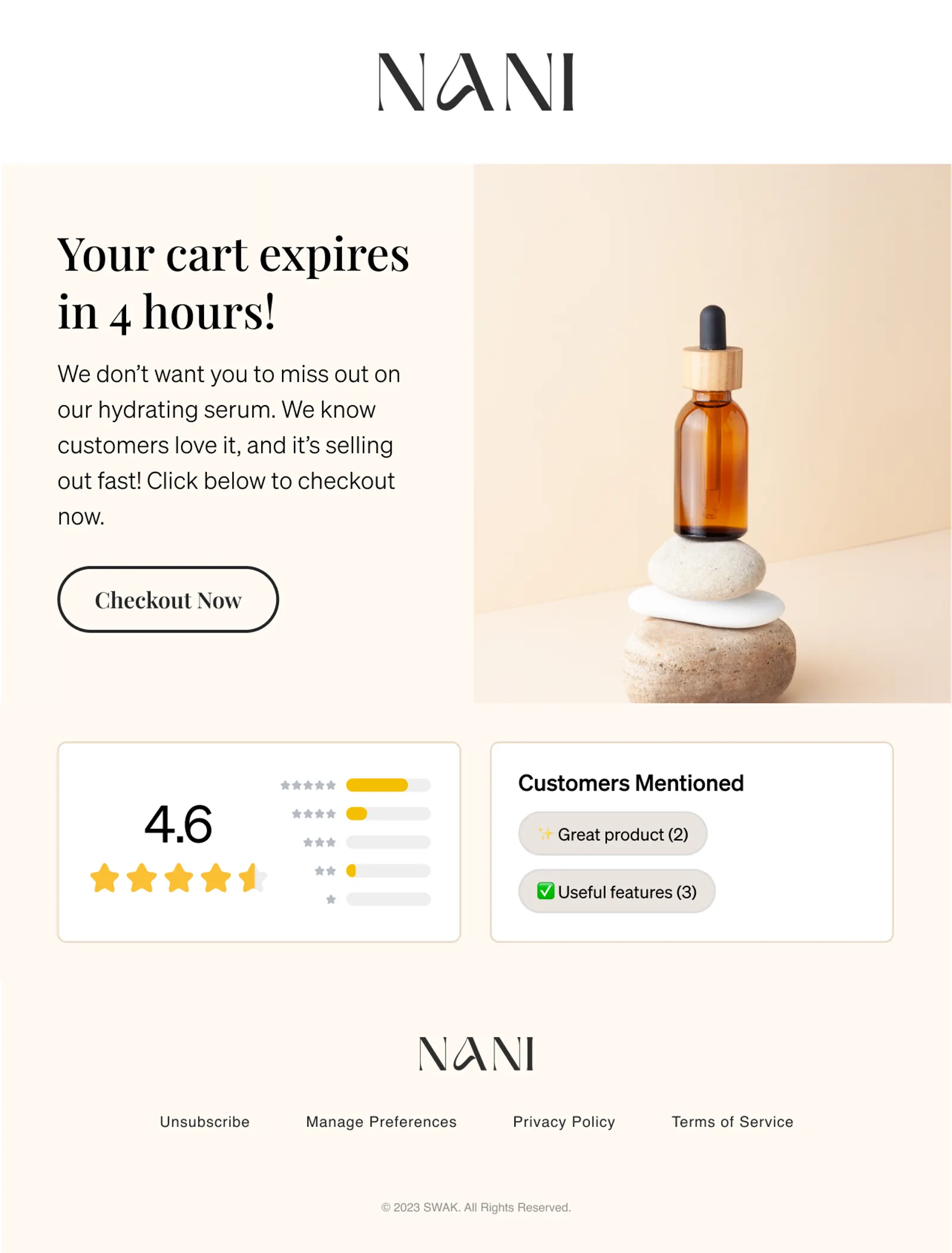 Abandoned cart message featuring reviews