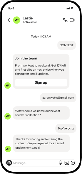 A smartphone displays a chat with the Eastie brand, including a signup offer, a contest for naming a sneaker collection, and the user's suggestion 'Top Velocity'.