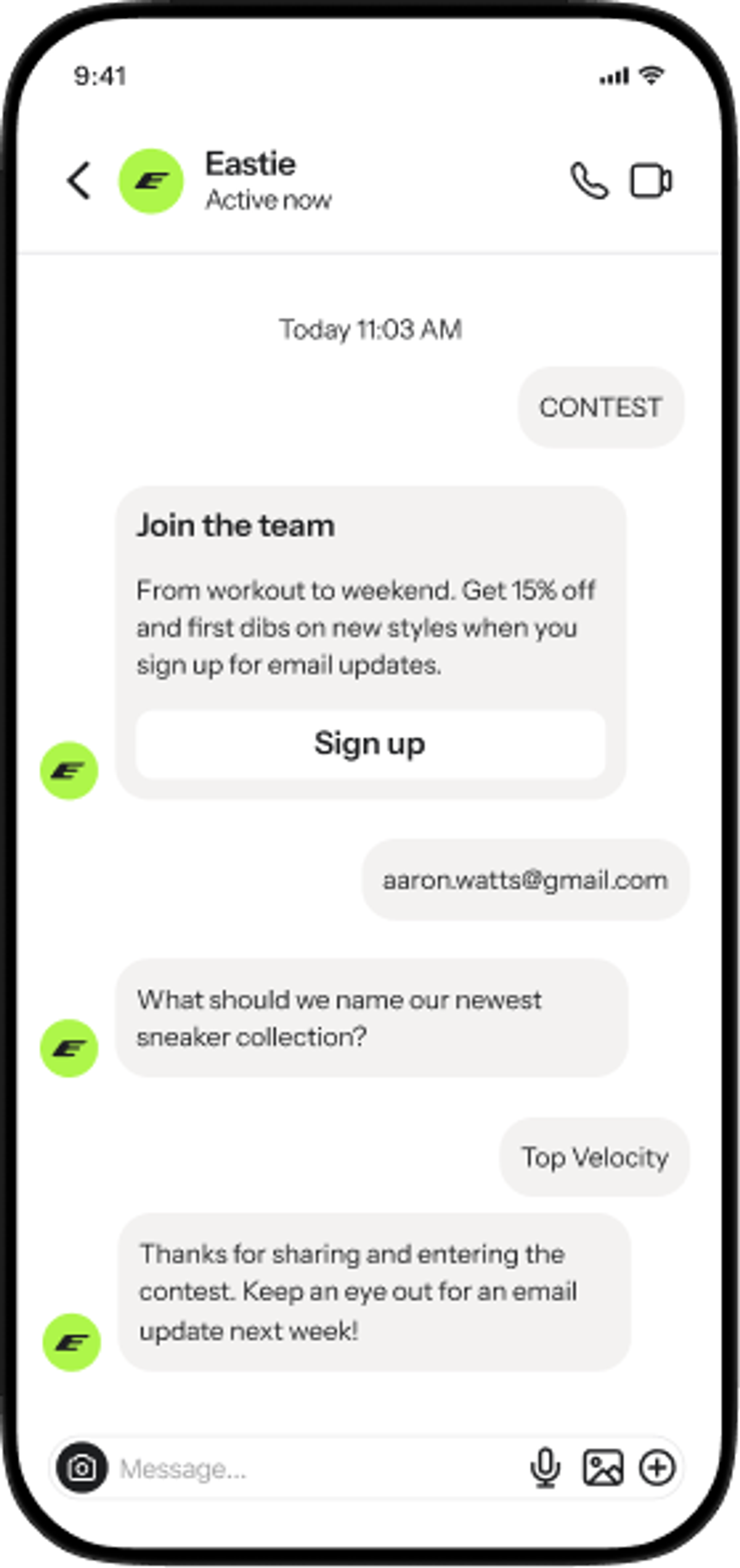A smartphone displays a chat with the Eastie brand, including a signup offer, a contest for naming a sneaker collection, and the user's suggestion 'Top Velocity'.