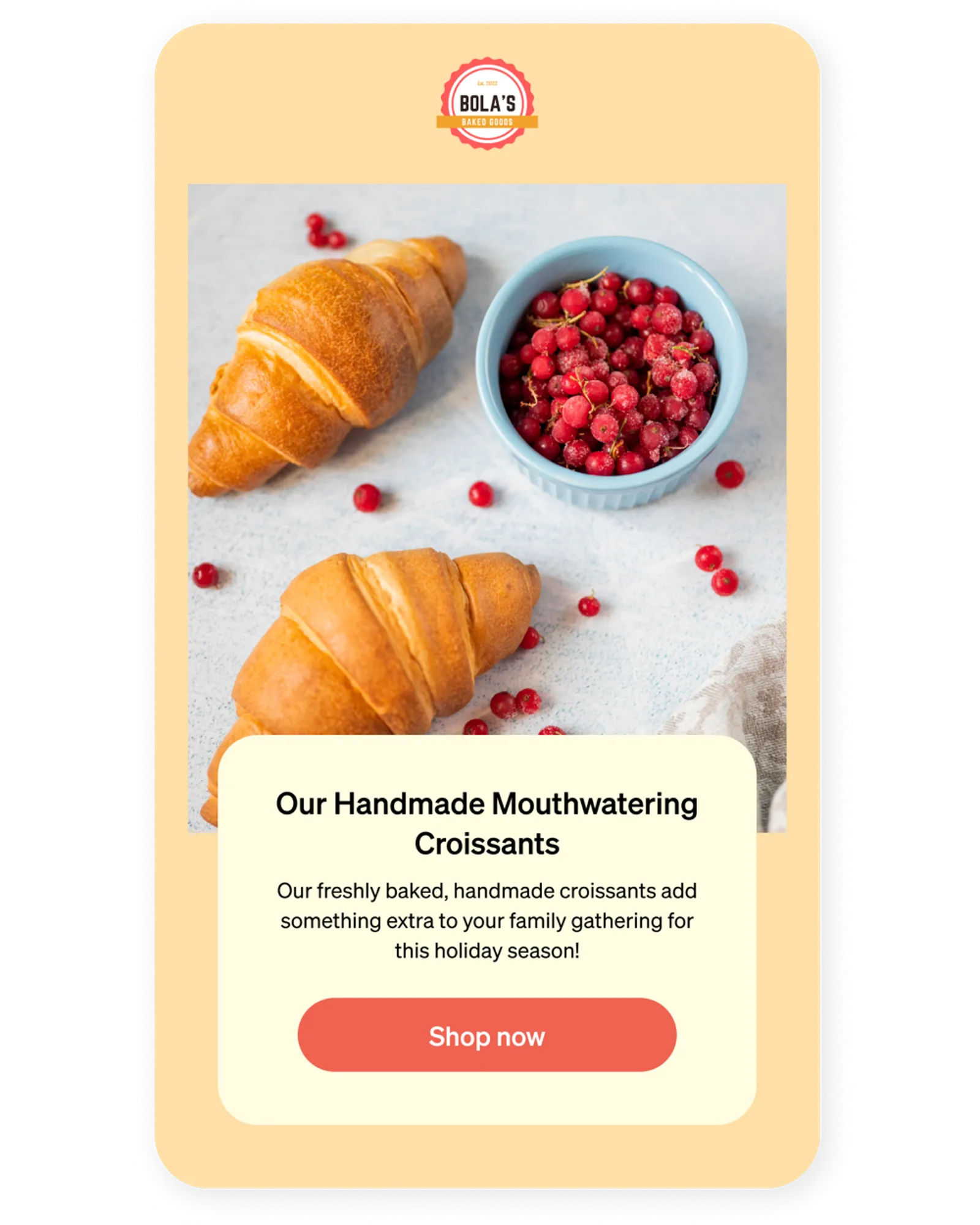 Email with subject line "Our mouthwatering croissants" and a clear Shop now butotn