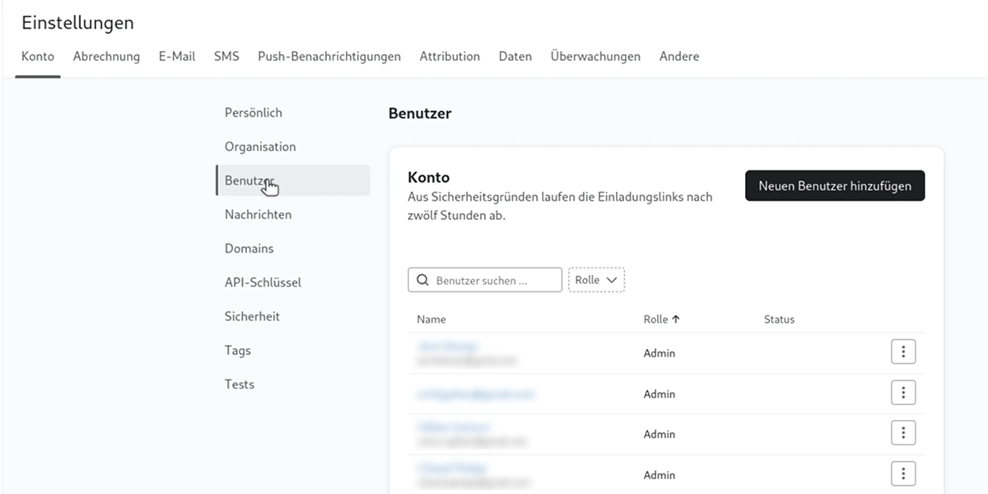 Liste der aktuellen Nutzer in einem Klaviyo-Konto.