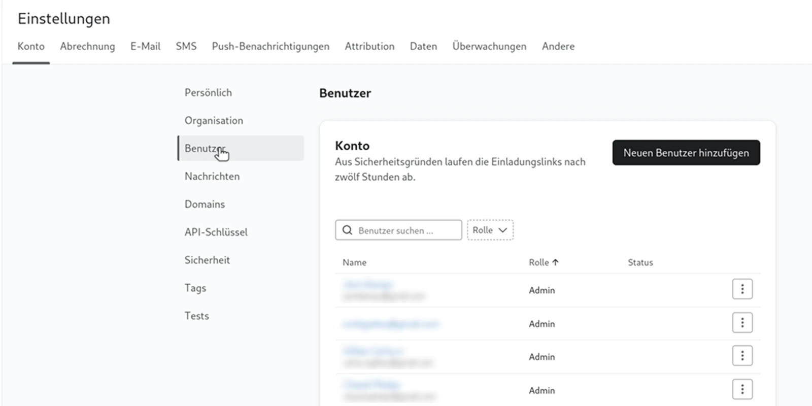 Liste der aktuellen Nutzer in einem Klaviyo-Konto.