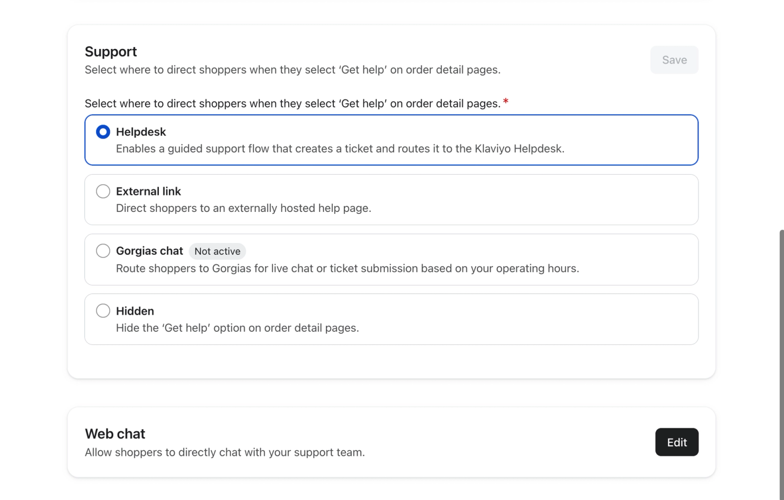 Support settings page with "Helpdesk" selected for directing shoppers who click "Get help."