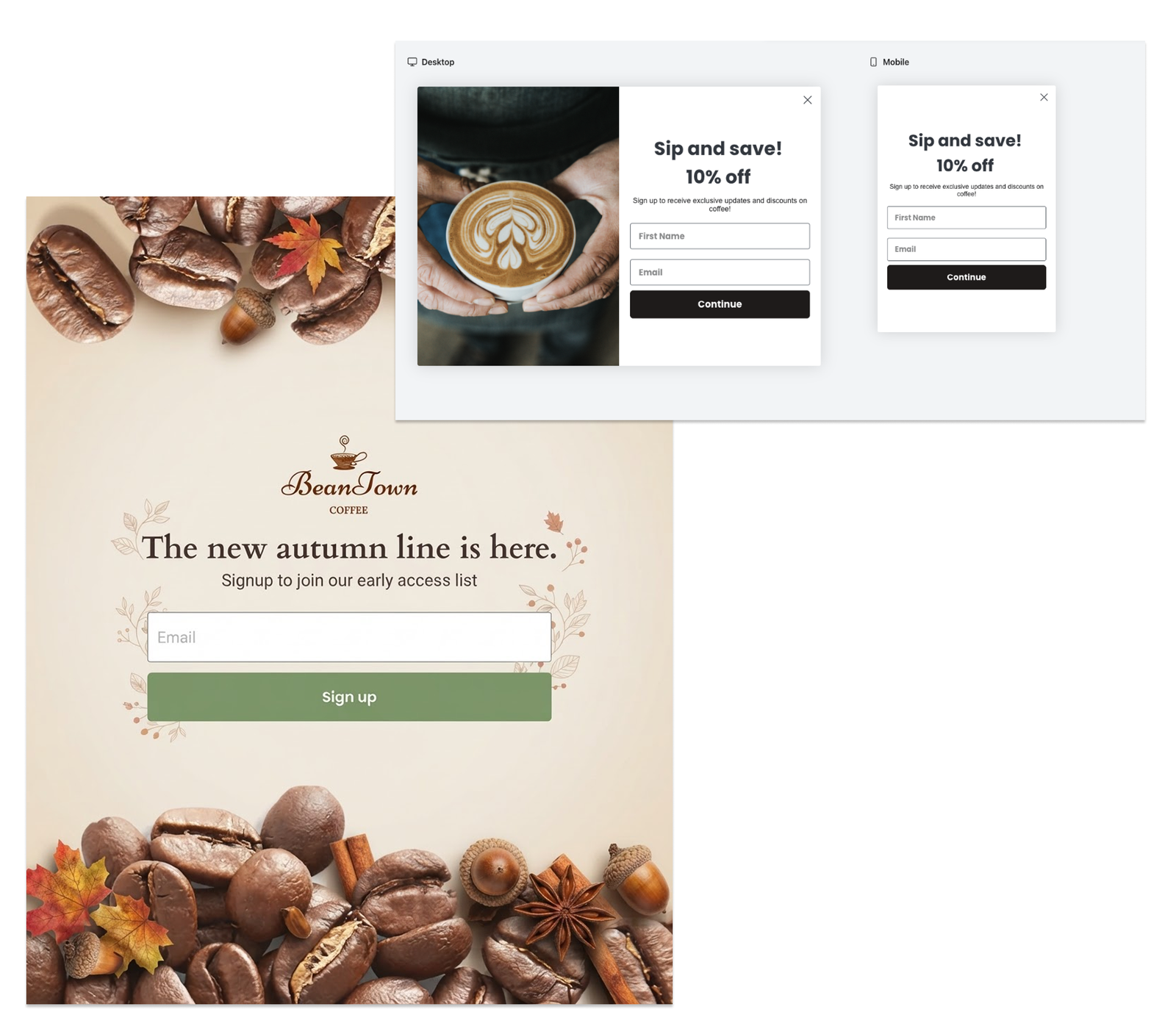 BeanTown Coffee autumn landing page with email signup form, alongside desktop and mobile pop-ups offering 10% off for email signups, one showing a latte.