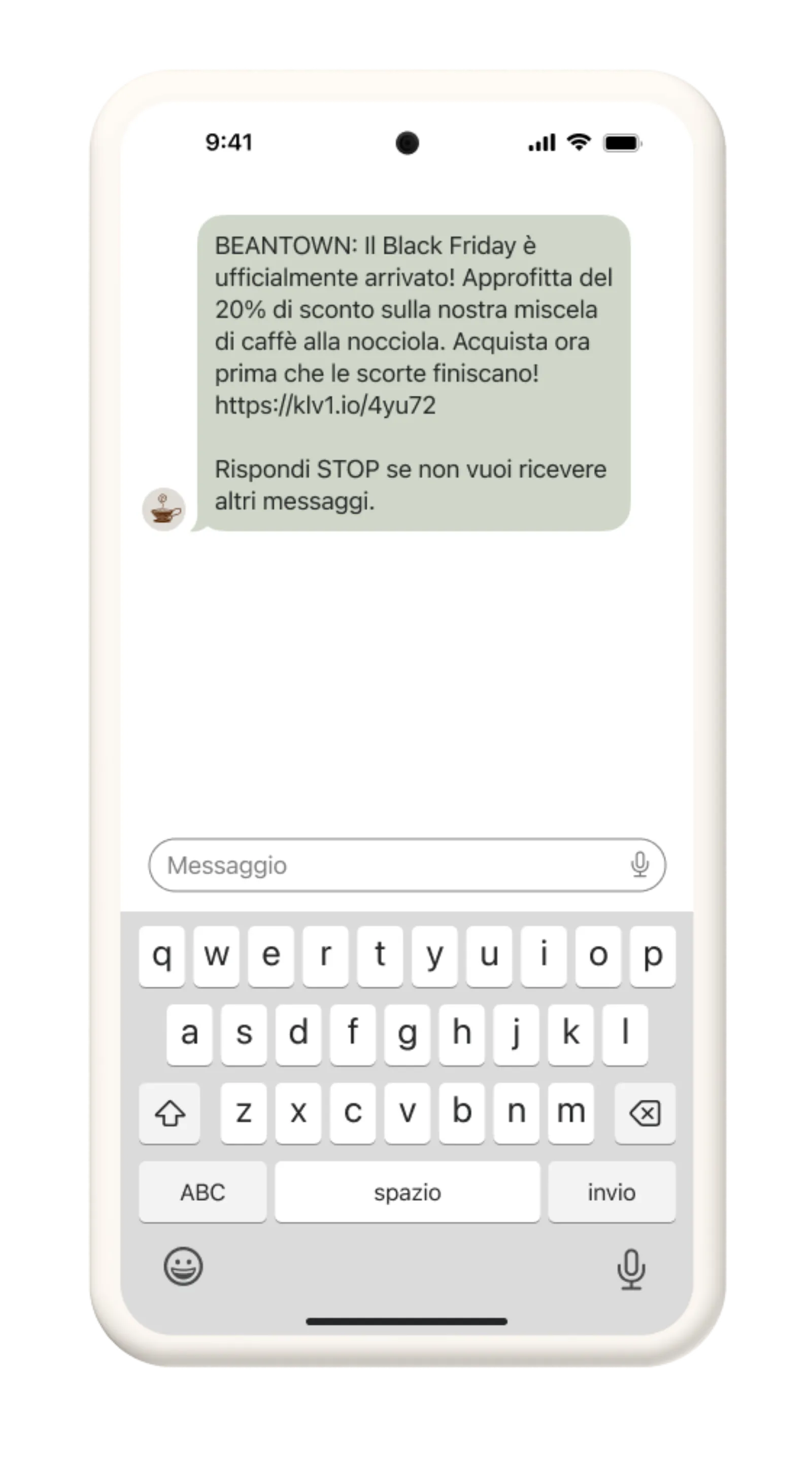 Beantown SMS message with 20% discount for BFCM.