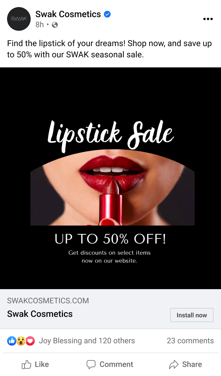 Example Facebook ad from SWAK Cosmetics, promoting a big 50% off sale.