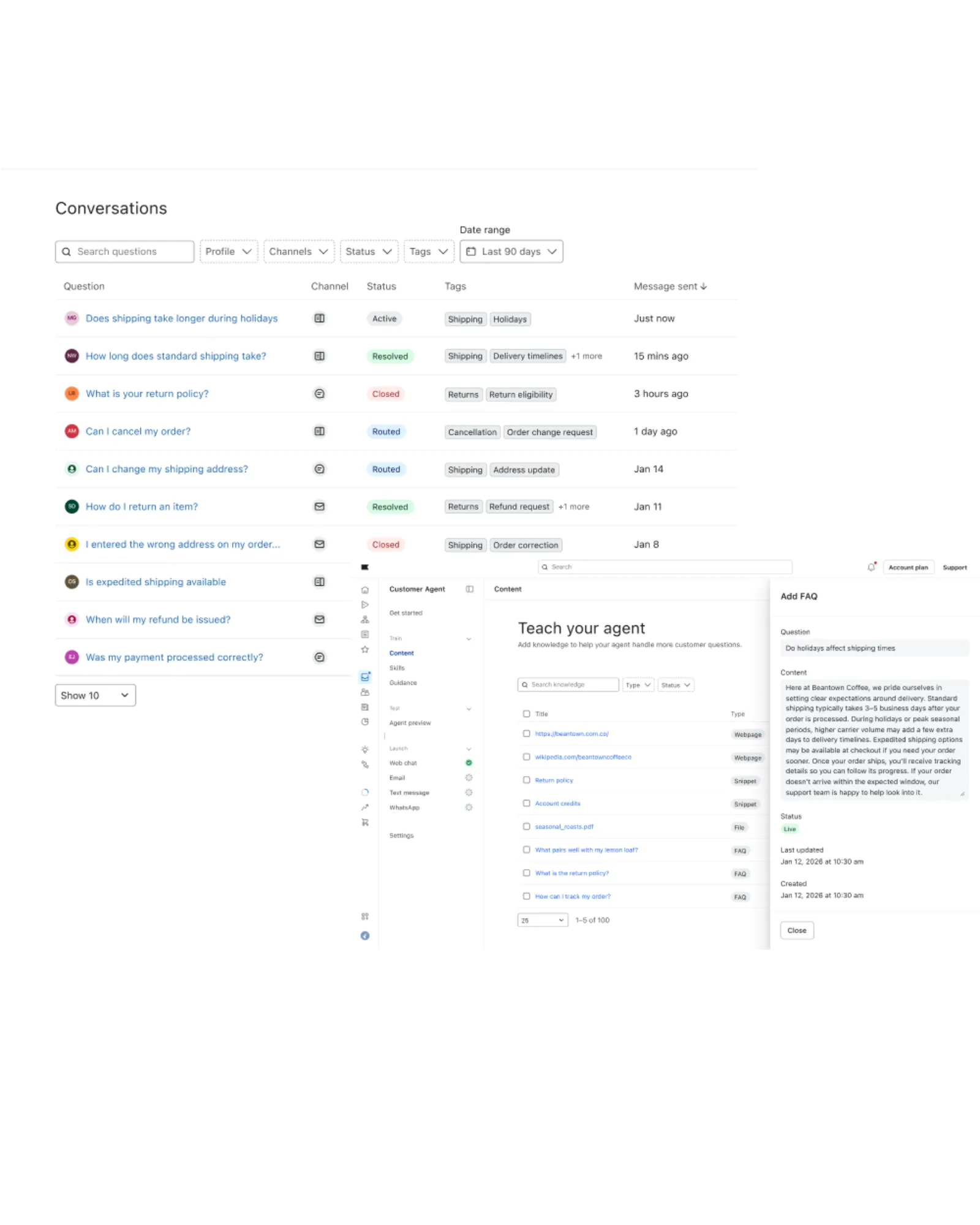 Conversation analysis indicating the most recent conversations, including automated tagging to help identify knowledge gaps