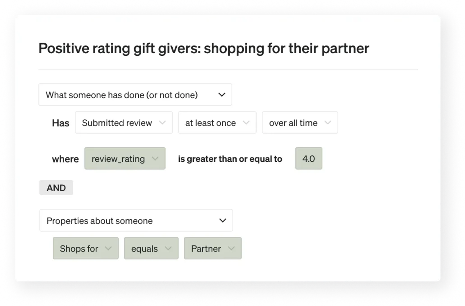 A segment that will include anyone who has left a 4 or 5-star review AND who has expressed that they are shopping for their partner.