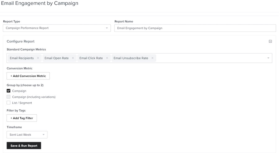 Custom report creation wizard showing configuration options for a Campaign performance Report.
