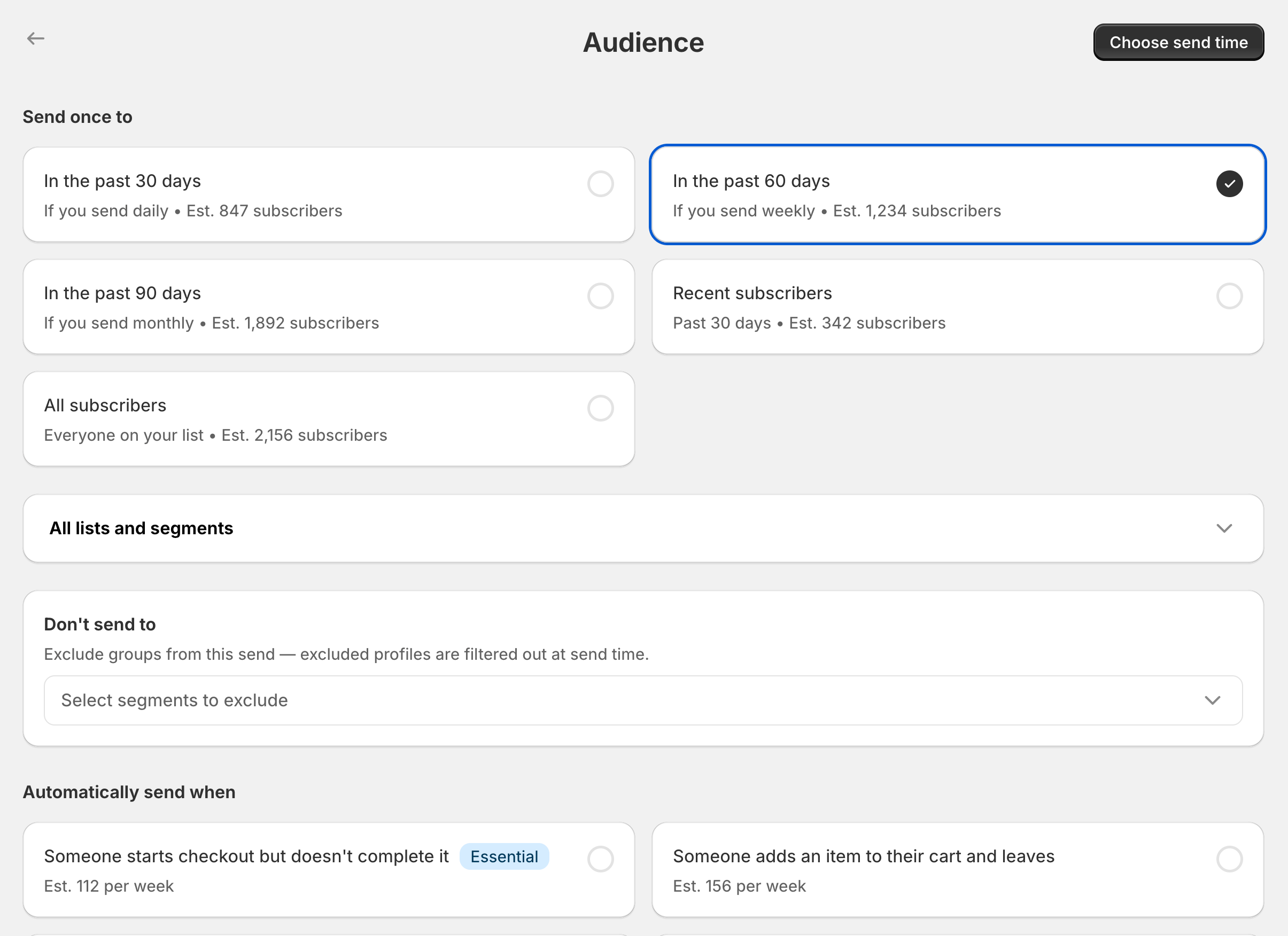 Audience settings page showing options for recipient selection, including activity-based segments like "In the past 60 days" which is checked, and automated send triggers.