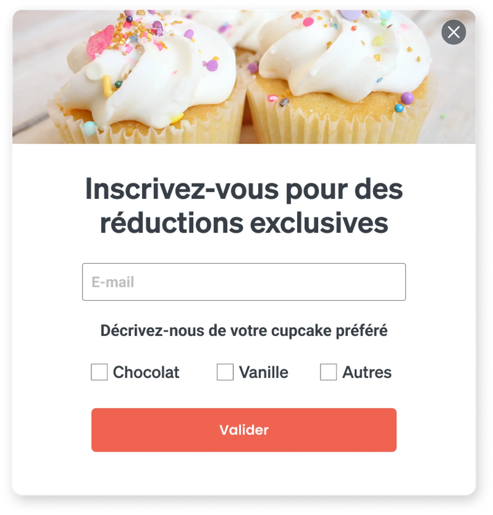 Image of a sign-up form requesting an email and a visitors favorite cupcake flavor.
