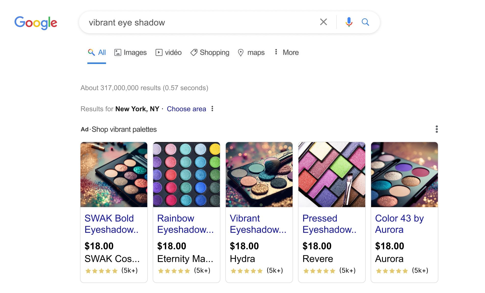 Google shopping ad featuring photos of their eyeshadow palettes, the price of each, links, etc.
