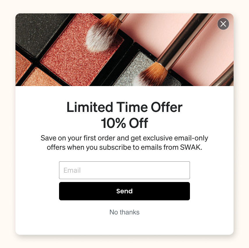 Pop-up form offering 10% off for subscribing.