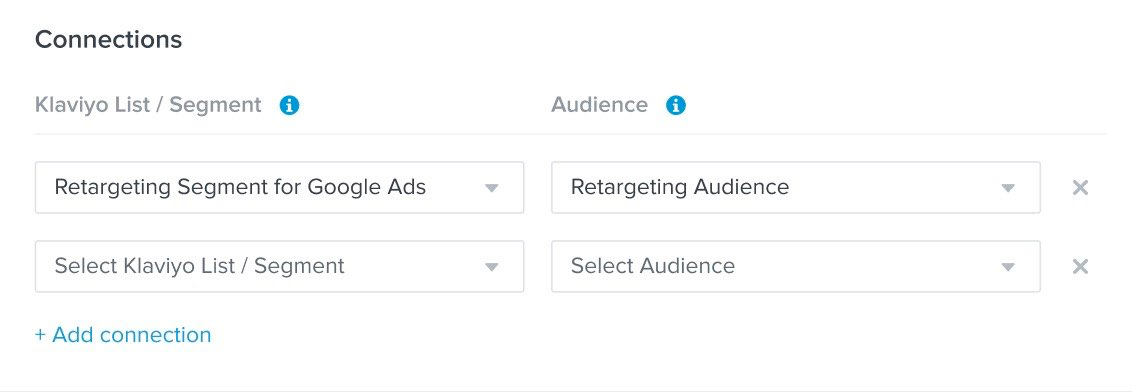 The dropdowns within Klaviyo where you can add a Klaviyo list or segment as well as a Google audience, to start a one-to-one sync between platforms.