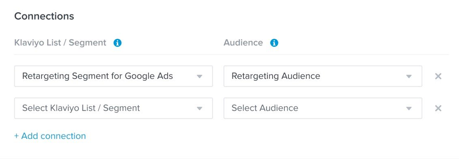 The dropdowns within Klaviyo where you can add a Klaviyo list or segment as well as a Google audience, to start a one-to-one sync between platforms.