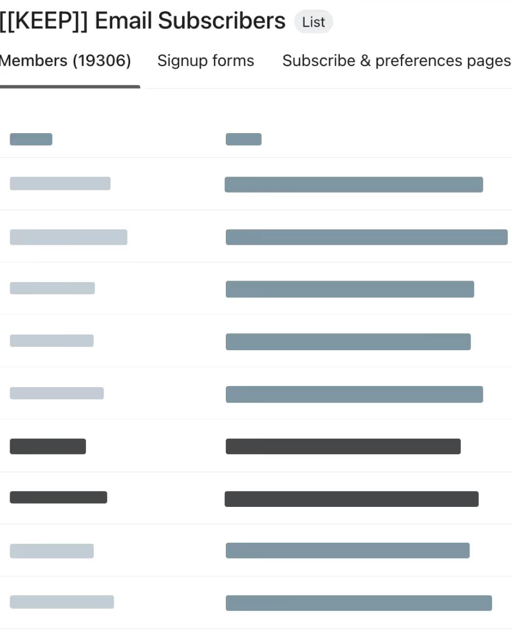 An example email marketing list. 