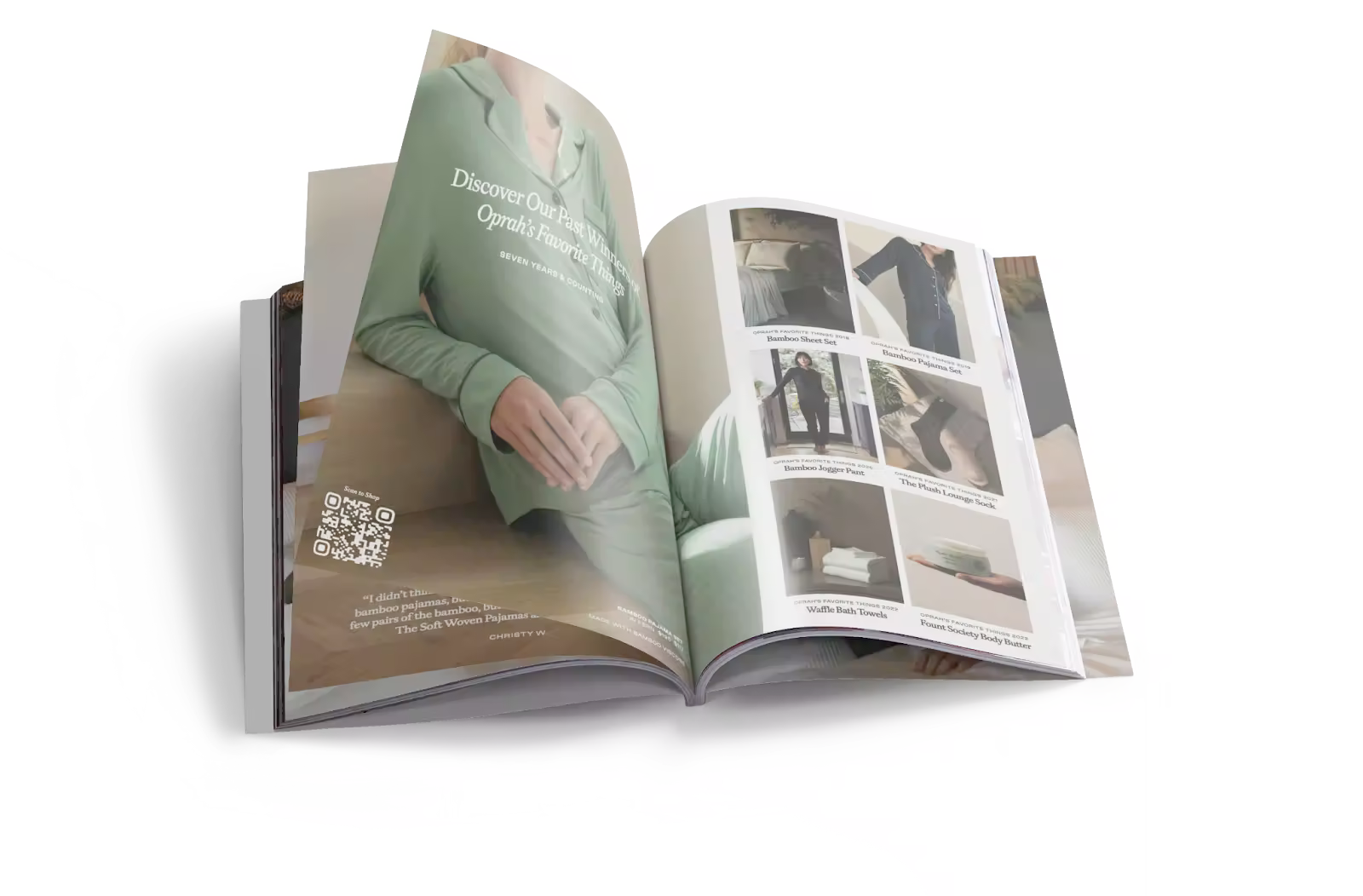 An open product catalog showing a person in green pajamas on one page and a grid of various home goods on the other.