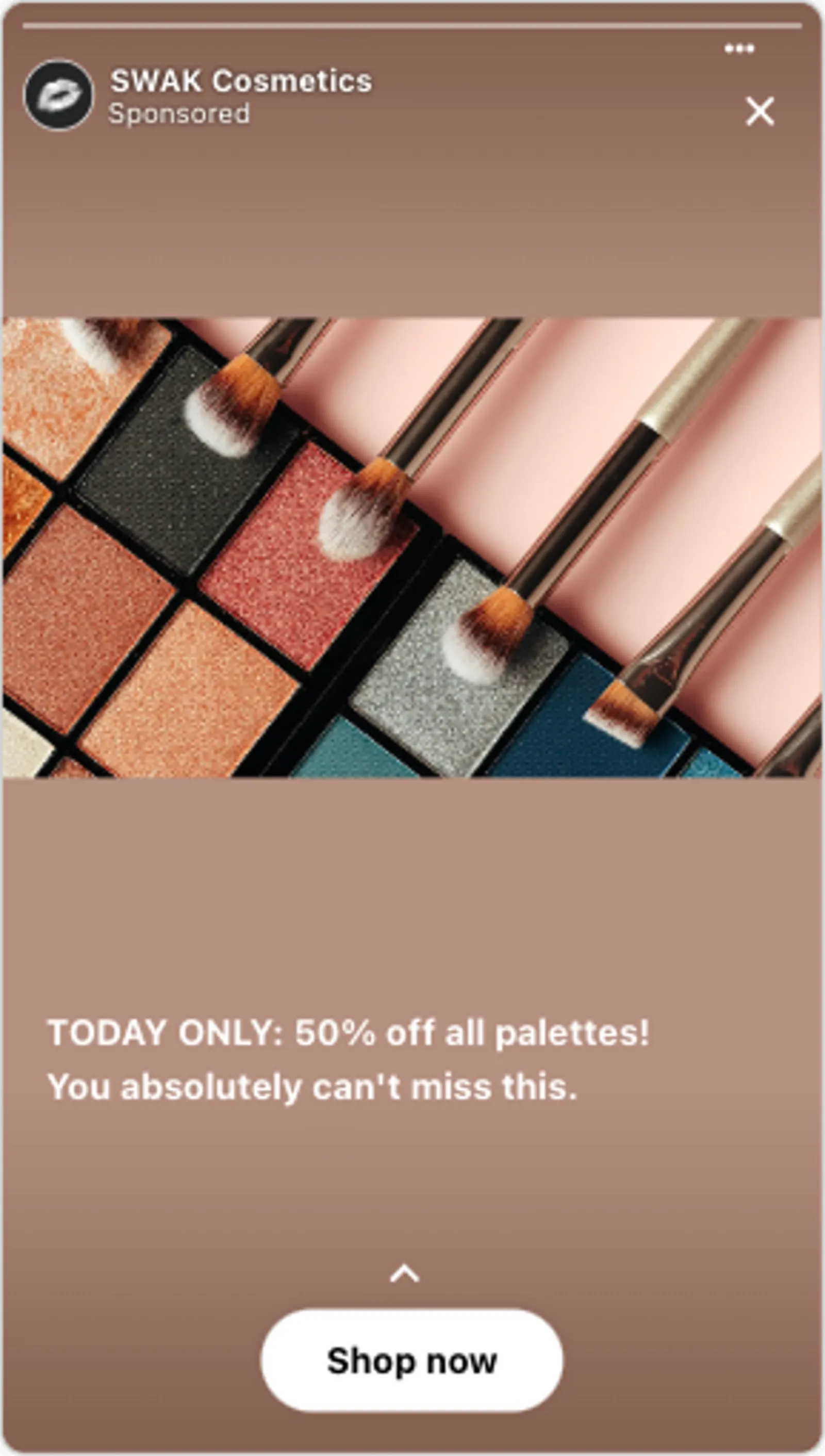SWAK Cosmetics Instagram story ad.