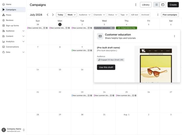 A digital calendar displays July 2024 campaigns, with a pop-up showing a "Customer education" draft and an email preview featuring sunglasses.