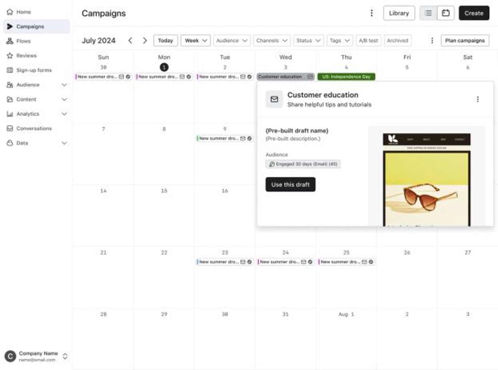 A digital calendar displays July 2024 campaigns, with a pop-up showing a "Customer education" draft and an email preview featuring sunglasses.