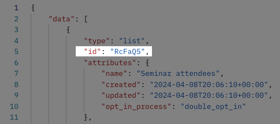 The JSON format of the list ID